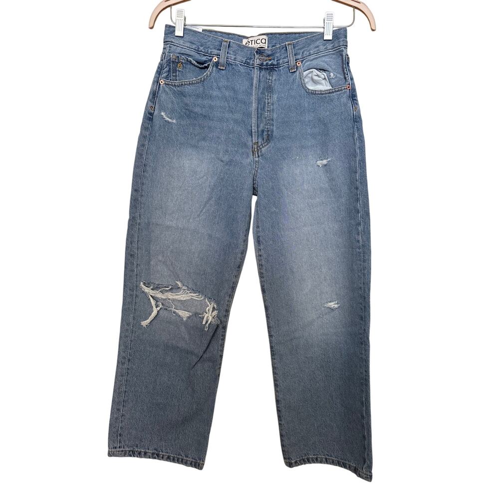 NWT Etica Sz 26 Straight Baggy Wide Leg High Rise Crop Distressed Blue Jeans
